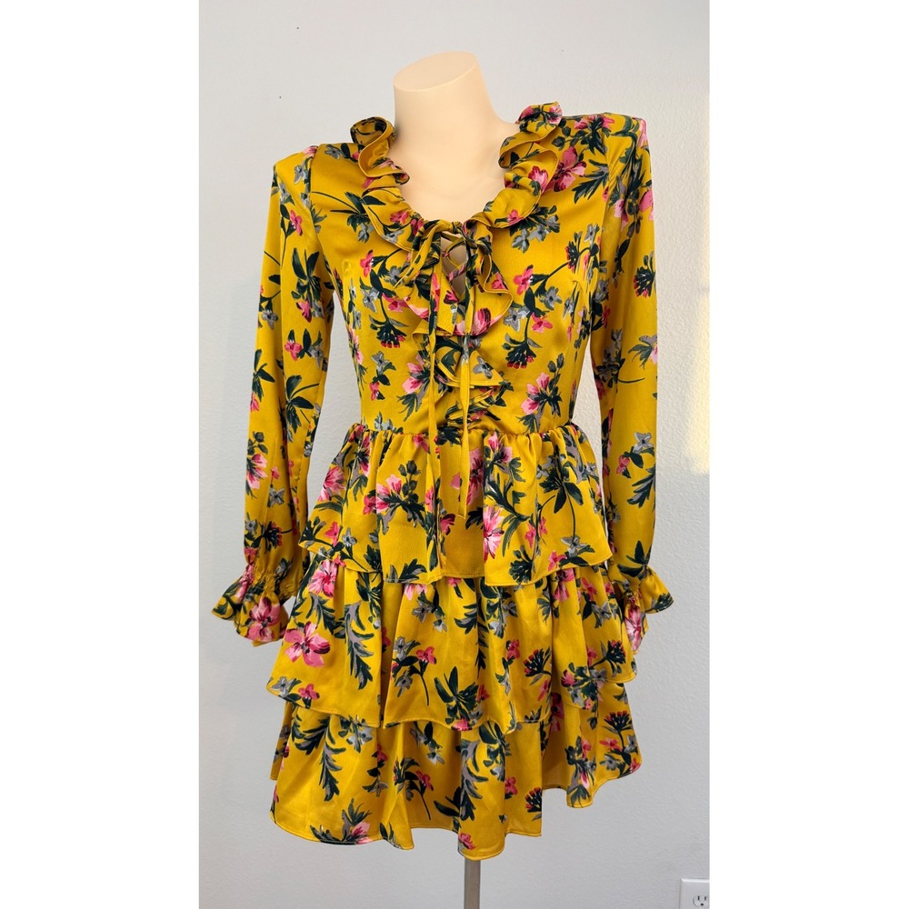 Avec Les Filles Mustard Floral Ruffle Tiered Mini Dress Cottagecore Coquette 6